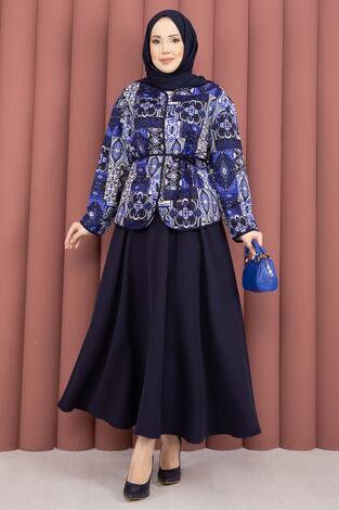 Etnik Desen Ceket & Etek Takım Lacivert