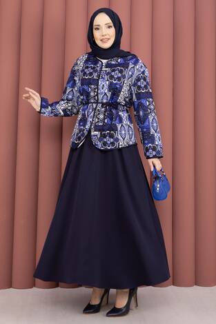 Etnik Desen Ceket & Etek Takım Lacivert - Thumbnail