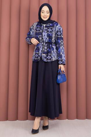 Etnik Desen Ceket & Etek Takım Lacivert - Thumbnail