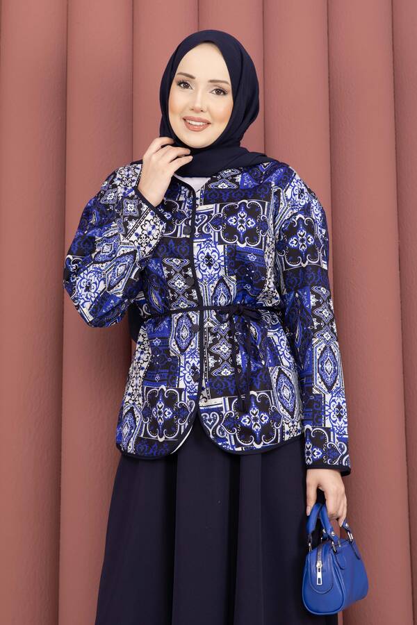 Mat - Etnik Desen Ceket & Etek Takım Lacivert (1)