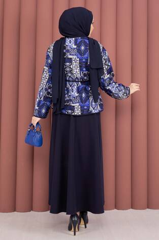Etnik Desen Ceket & Etek Takım Lacivert - Thumbnail