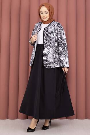 Etnik Desen Ceket & Etek Takım Siyah