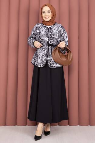 Etnik Desen Ceket & Etek Takım Siyah - Thumbnail