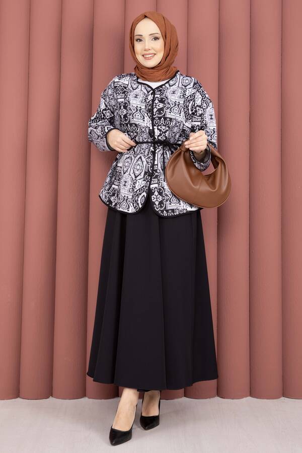 Mat - Etnik Desen Ceket & Etek Takım Siyah (1)