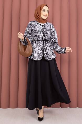 Etnik Desen Ceket & Etek Takım Siyah - Thumbnail