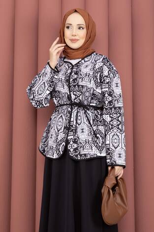 Etnik Desen Ceket & Etek Takım Siyah - Thumbnail