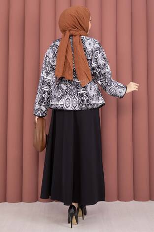 Etnik Desen Ceket & Etek Takım Siyah - Thumbnail