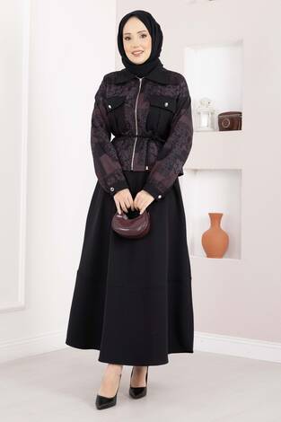 Etnik Desen Crop Ceket Etek Takım Bordo - Thumbnail