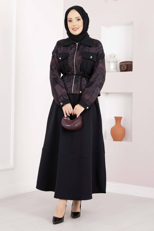 Etnik Desen Crop Ceket Etek Takım Bordo - 3