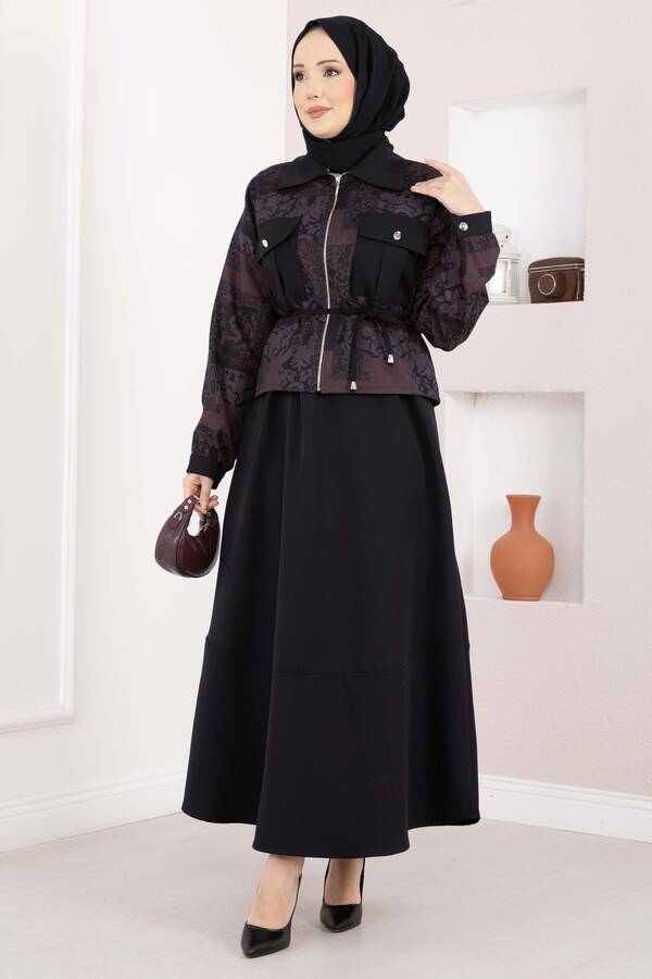 Etnik Desen Crop Ceket Etek Takım Bordo - 4