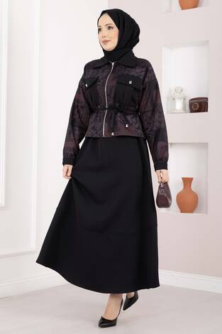 Etnik Desen Crop Ceket Etek Takım Bordo - Thumbnail