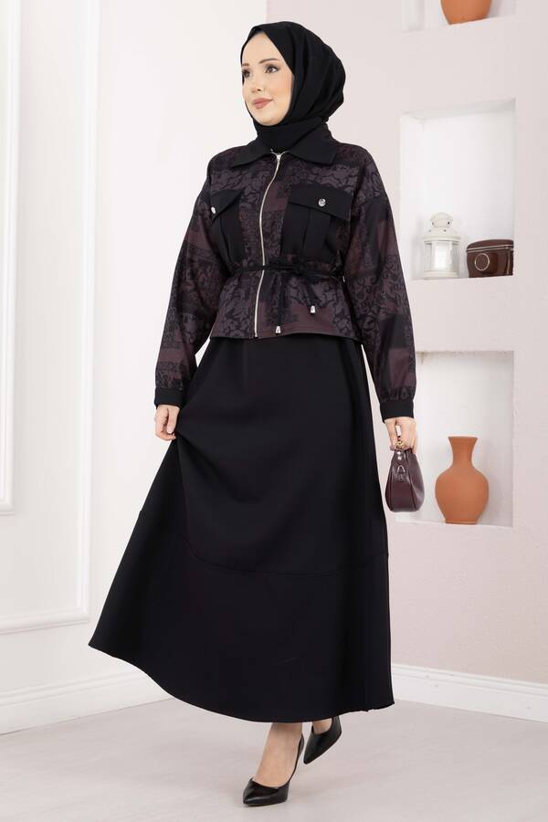 NS - Etnik Desen Crop Ceket Etek Takım Bordo