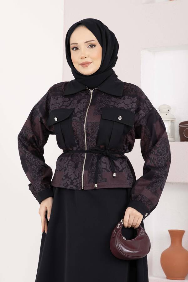 NS - Etnik Desen Crop Ceket Etek Takım Bordo (1)