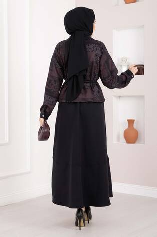 Etnik Desen Crop Ceket Etek Takım Bordo - Thumbnail