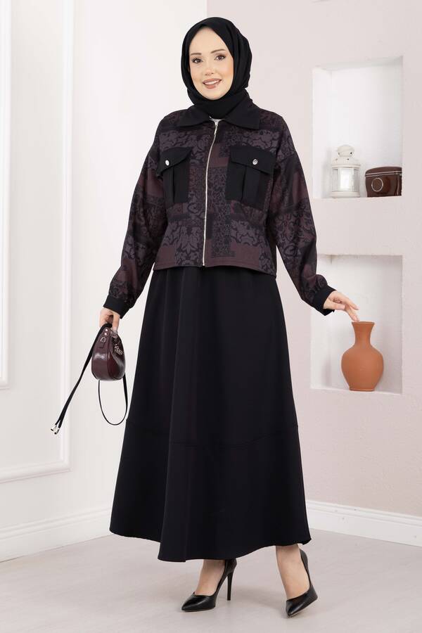 Etnik Desen Crop Ceket Etek Takım Bordo - 5
