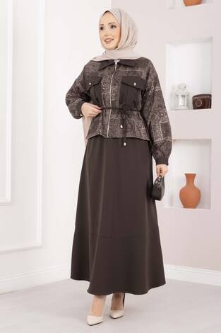Etnik Desen Crop Ceket Etek Takım Kahve - Thumbnail