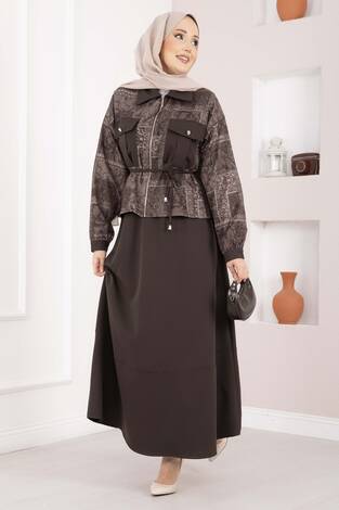 Etnik Desen Crop Ceket Etek Takım Kahve - Thumbnail