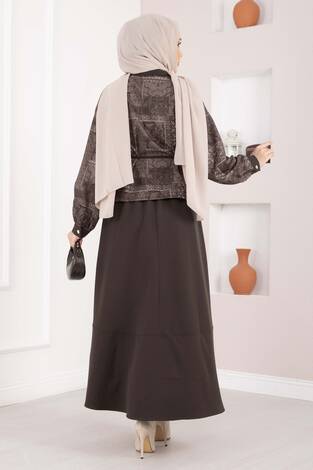 Etnik Desen Crop Ceket Etek Takım Kahve - Thumbnail