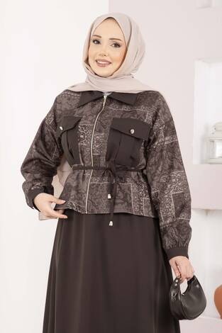 Etnik Desen Crop Ceket Etek Takım Kahve - Thumbnail