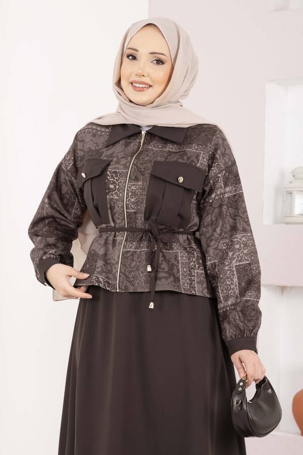 NS - Etnik Desen Crop Ceket Etek Takım Kahve (1)