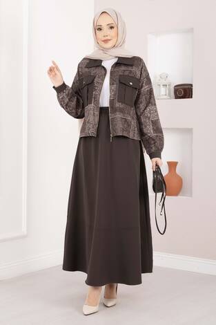 Etnik Desen Crop Ceket Etek Takım Kahve - Thumbnail