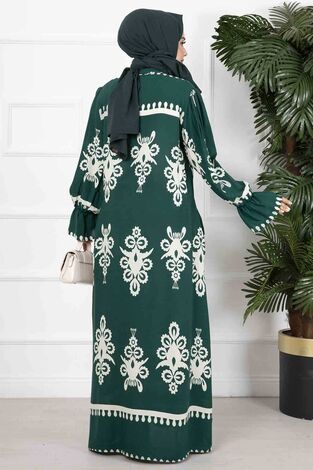 Etnik Desenli Elbise Yeşil - Thumbnail