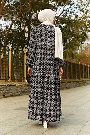 Etnik Desenli Fisto Tesettür Elbise 100MD-2354 Siyah - Thumbnail
