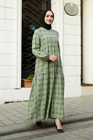 Etnik Desenli Fisto Elbise 100MD-7202 Çağla Yeşili - Thumbnail