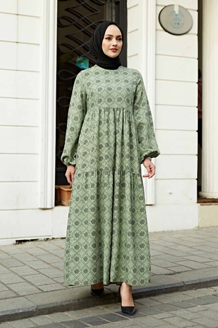 Etnik Desenli Fisto Elbise 100MD-7202 Çağla Yeşili - Thumbnail