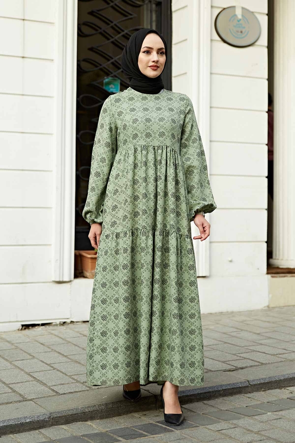 Etnik Desenli Fisto Elbise 100MD-7202 Çağla Yeşili