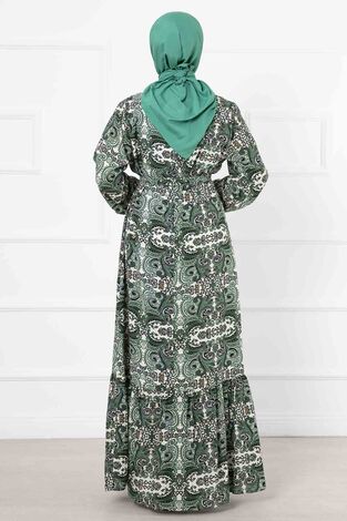Etnik Desenli Kuşaklı Elbise Yeşil - Thumbnail