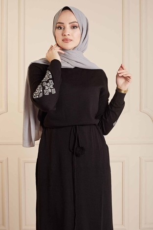 Etnik Desenli Triko Elbise 190E5621 Siyah - Thumbnail