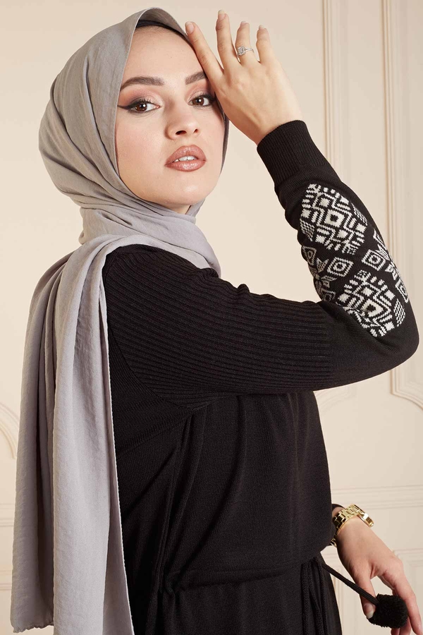  - Etnik Desenli Triko Elbise 190E5621 Siyah (1)