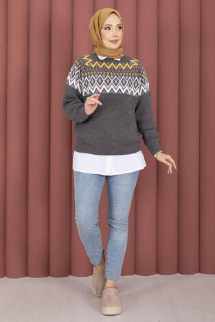 Etnik Motifli Salaş Triko Kazak Gri - Thumbnail