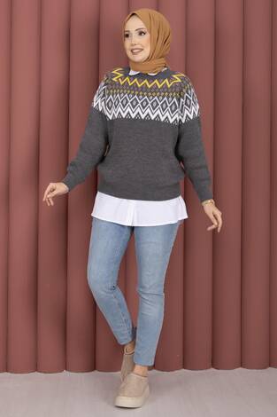 Etnik Motifli Salaş Triko Kazak Gri - Thumbnail