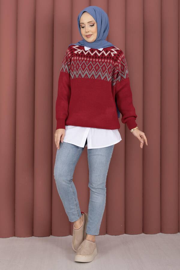 RAF - Etnik Motifli Salaş Triko Kazak Kırmızı