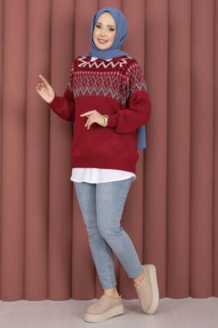 Etnik Motifli Salaş Triko Kazak Kırmızı - Thumbnail
