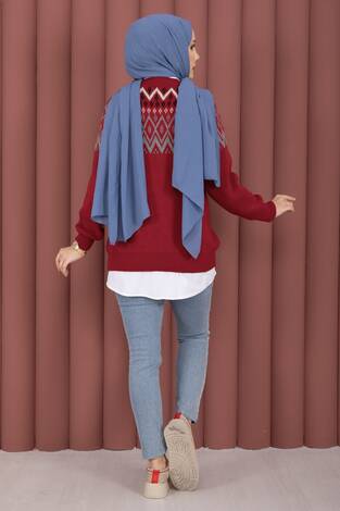 Etnik Motifli Salaş Triko Kazak Kırmızı - Thumbnail