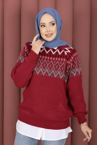 Etnik Motifli Salaş Triko Kazak Kırmızı - Thumbnail