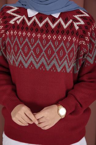 Etnik Motifli Salaş Triko Kazak Kırmızı - Thumbnail