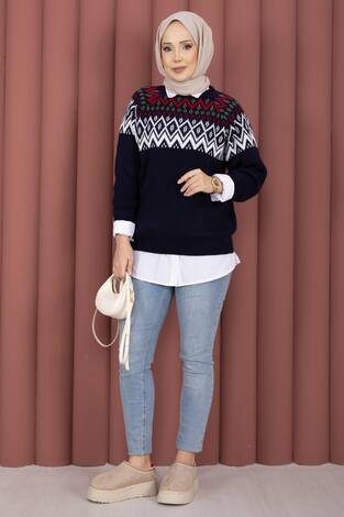 Etnik Motifli Salaş Triko Kazak Lacivert - Thumbnail