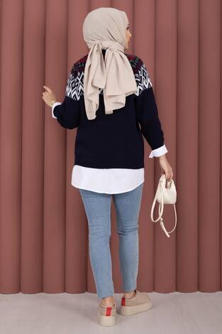 Etnik Motifli Salaş Triko Kazak Lacivert - Thumbnail