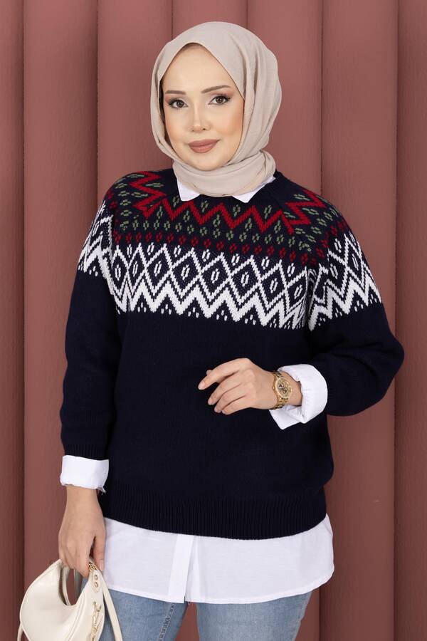 RAF - Etnik Motifli Salaş Triko Kazak Lacivert (1)