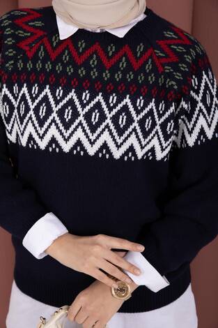 Etnik Motifli Salaş Triko Kazak Lacivert - Thumbnail