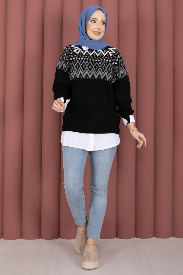 RAF - Etnik Motifli Salaş Triko Kazak Siyah