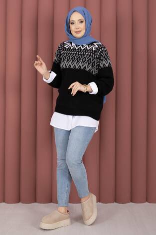 Etnik Motifli Salaş Triko Kazak Siyah - Thumbnail