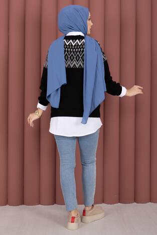 Etnik Motifli Salaş Triko Kazak Siyah - Thumbnail