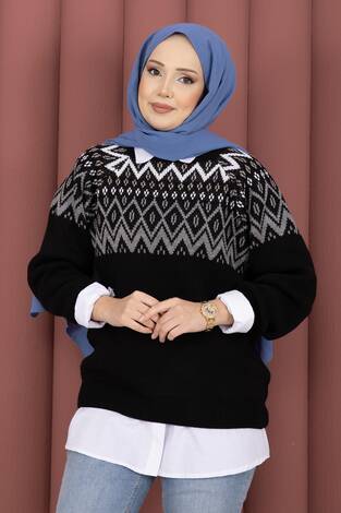 Etnik Motifli Salaş Triko Kazak Siyah - Thumbnail