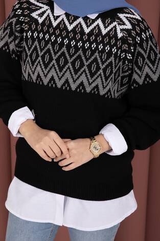 Etnik Motifli Salaş Triko Kazak Siyah - Thumbnail