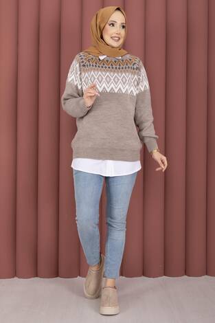 Etnik Motifli Salaş Triko Kazak Vizon - Thumbnail